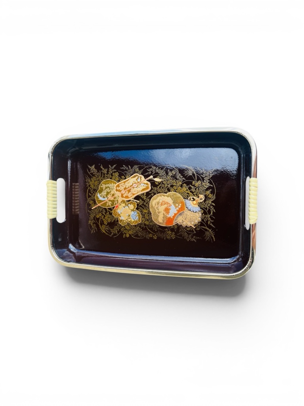Toyo Lacquer Ware Tray - Chocolate, Gold, Yellow, Orange, White - Fans/Botanical
